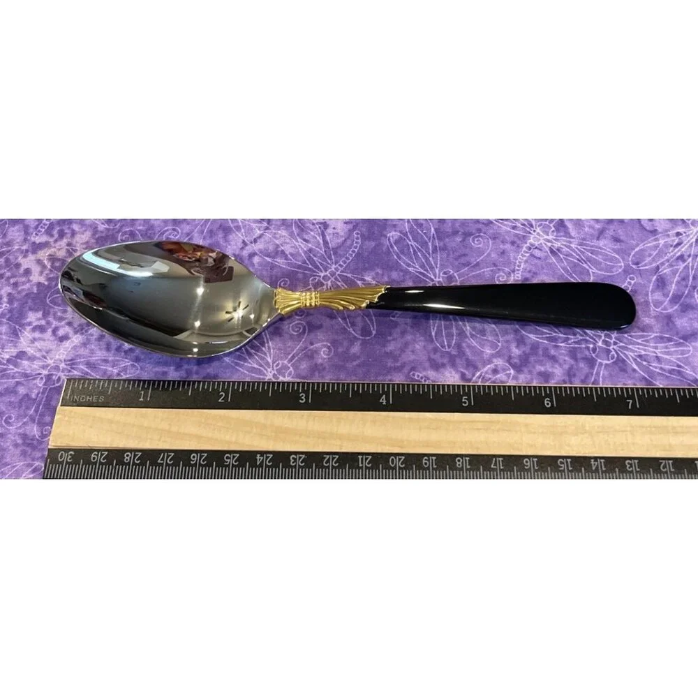 Yamazaki Lindi Oval Soup Spoons Stainless‎ Black Handle Gold Accent Set Of 4 VTG